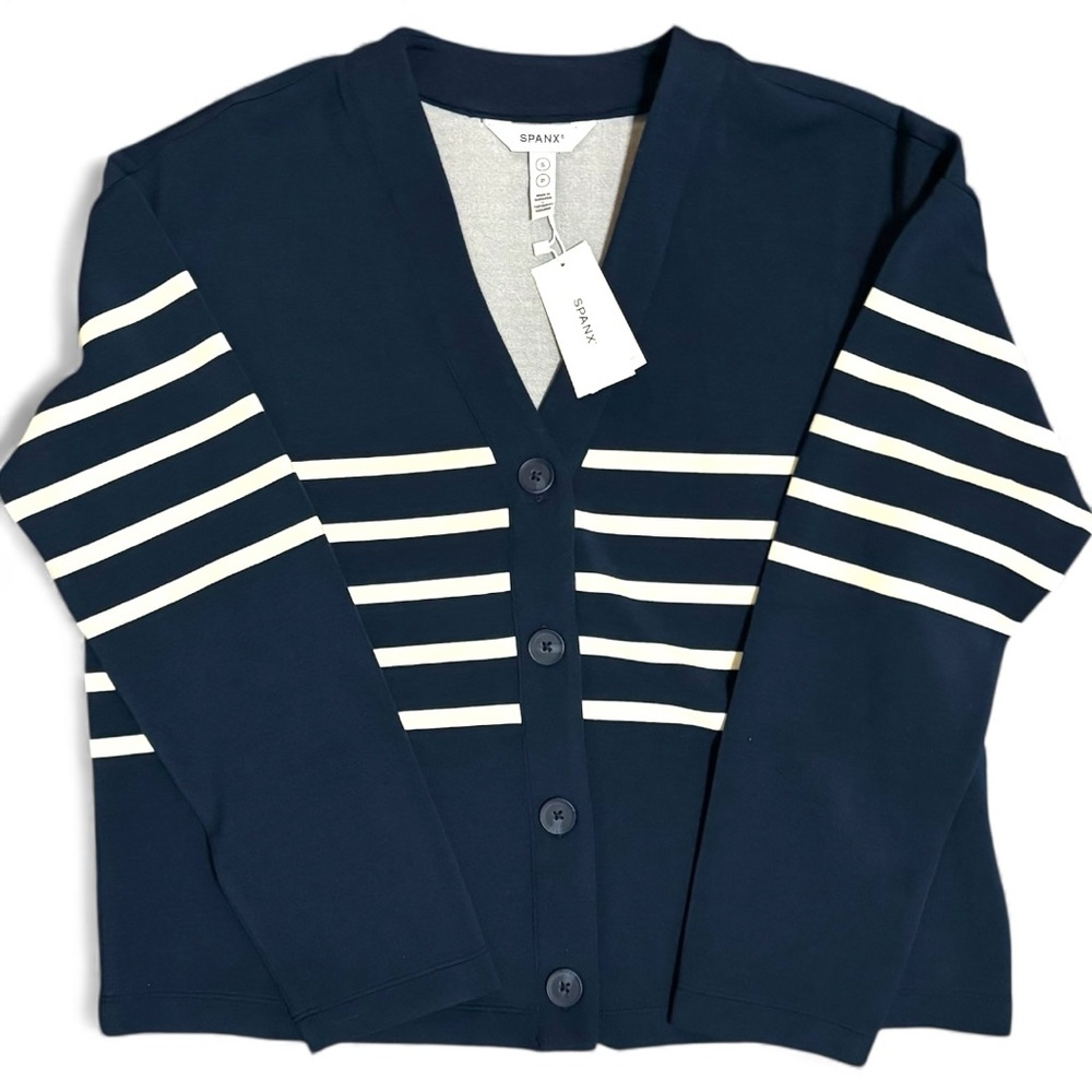 NEW SPANX AirEssentials Navy Blue White Striped Cardigan Athleisure Holiday Gift - Picture 4 of 9
